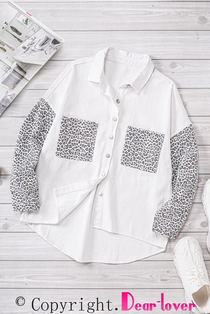 Contrast Leopard Denim Jacket | White