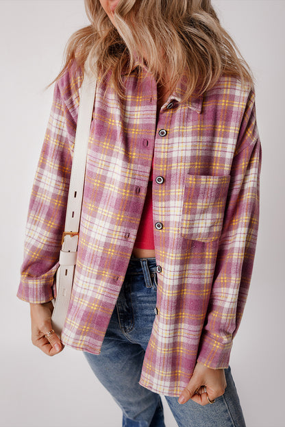 Plaid Print Chest Pocket Long Sleeve Shacket | Pink