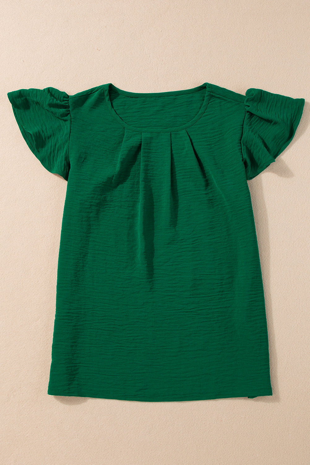 Solid Colour Textured Pleated Flutter Sleeve Blouse | Dark Green