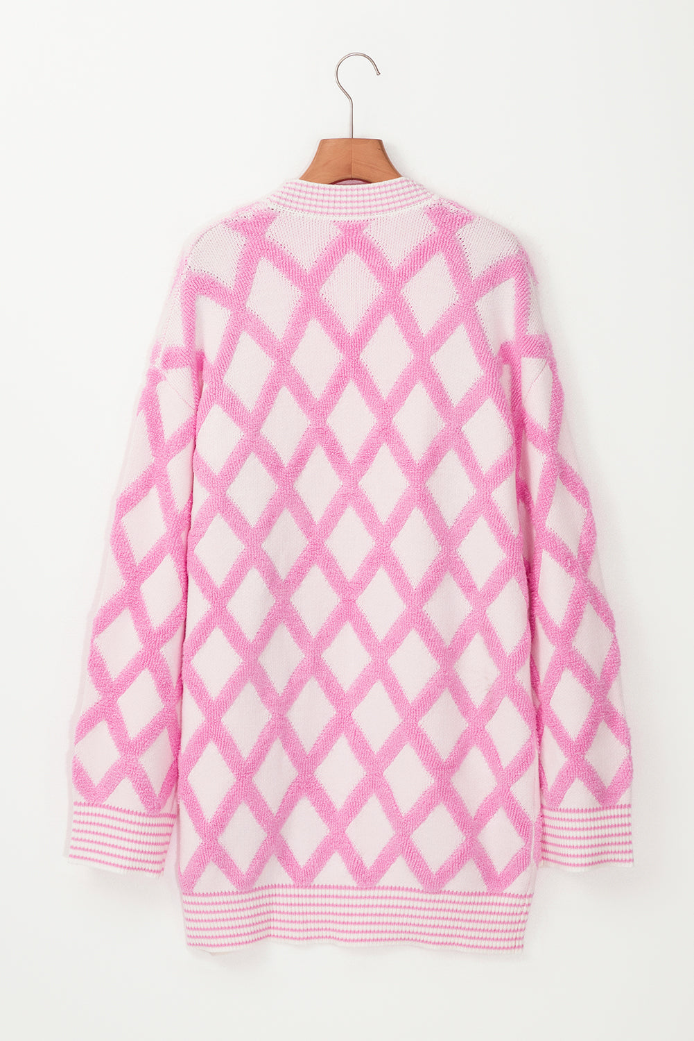 Rhombus Pattern Knit Open Front Pocketed Cardigans | Pink