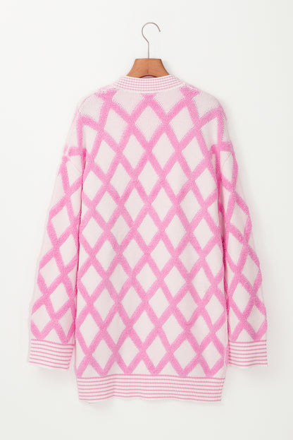 Rhombus Pattern Knit Open Front Pocketed Cardigans | Pink