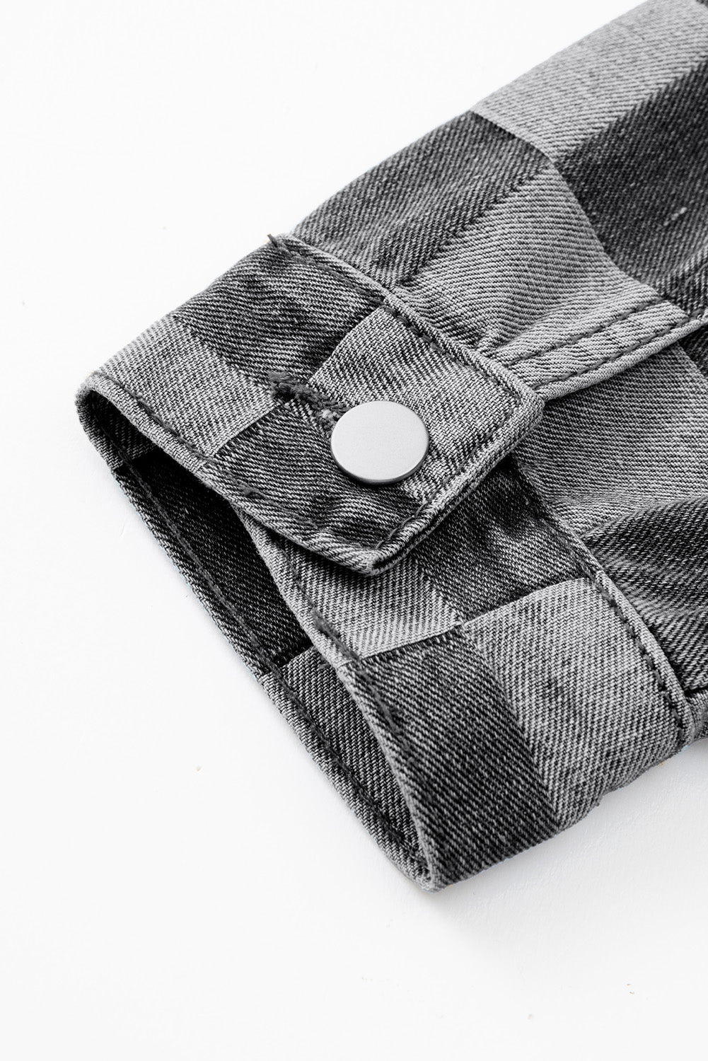 Checkered Patchwork Button Up Denim Jacket | Black