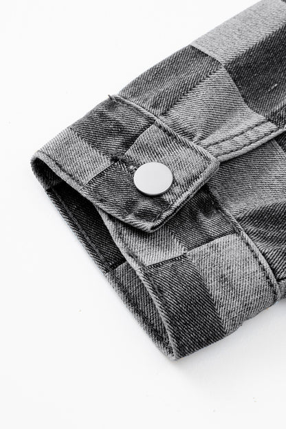 Checkered Patchwork Button Up Denim Jacket | Black