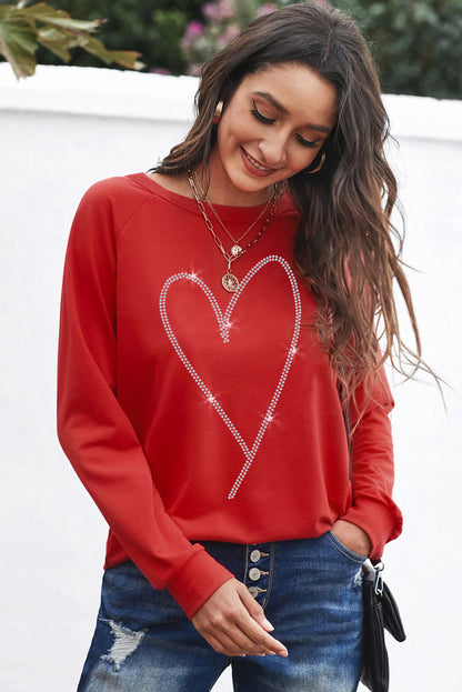 Fiery  Rhinestone Heart Shaped Long Sleeve Sweatshirt | Red