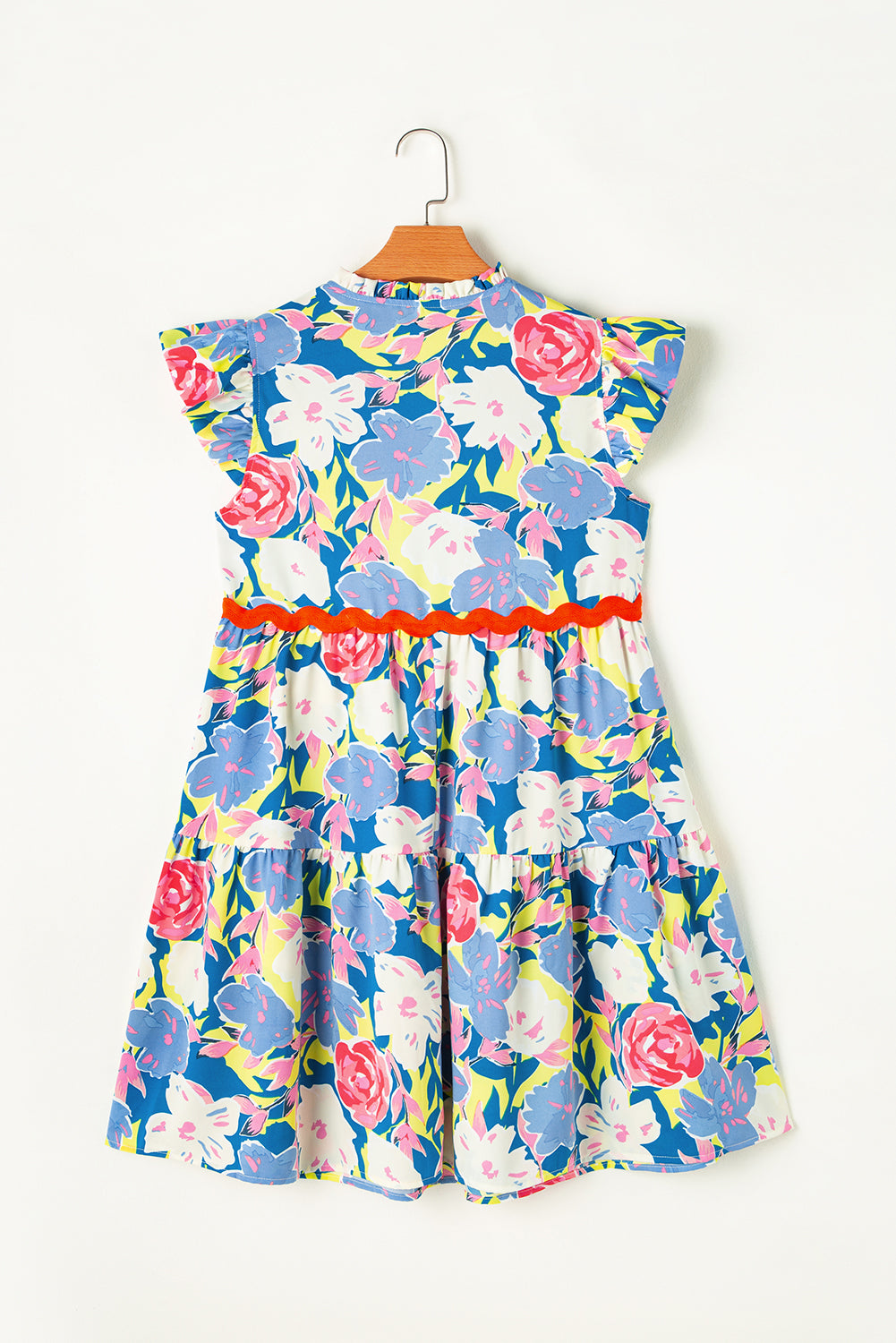 Floral Printed V Notched Ric Rac Flutter Sleeve Dress | Sky Blue