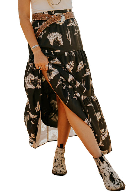 Western Print Tiered Ruffled High Waist Maxi Skirt | Black