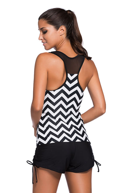 Zigzag Print Mesh Splice 2 Piece Tankini Swimsuit | Black