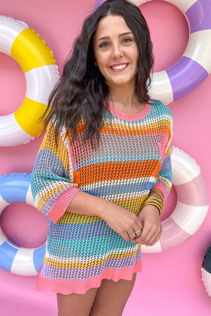 Colourblock Hollowed Crochet 3/4 Sleeve Sweater | Pink Stripe