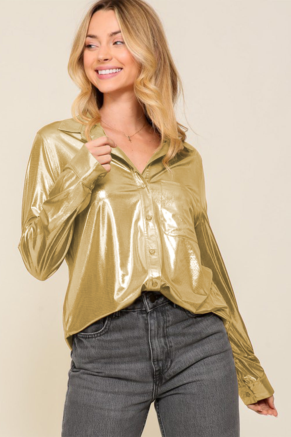 Metallic Luster Chest Pocket Shirt | Gold