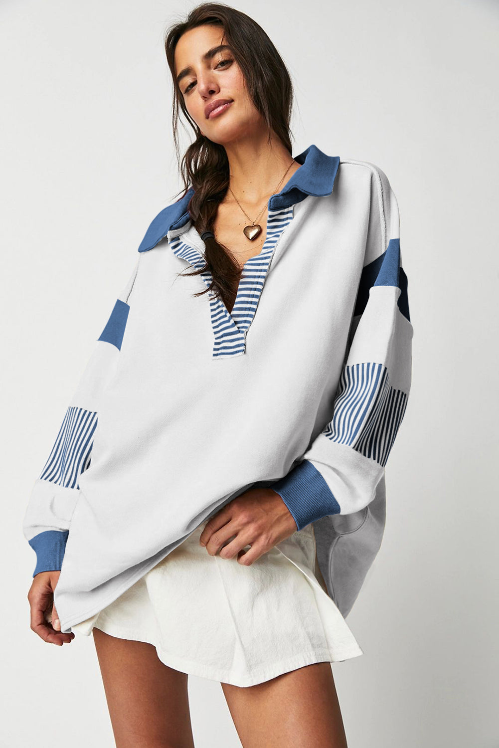 Striped Colourblock Patchwork Collar Sweatshirt | Dark Blue