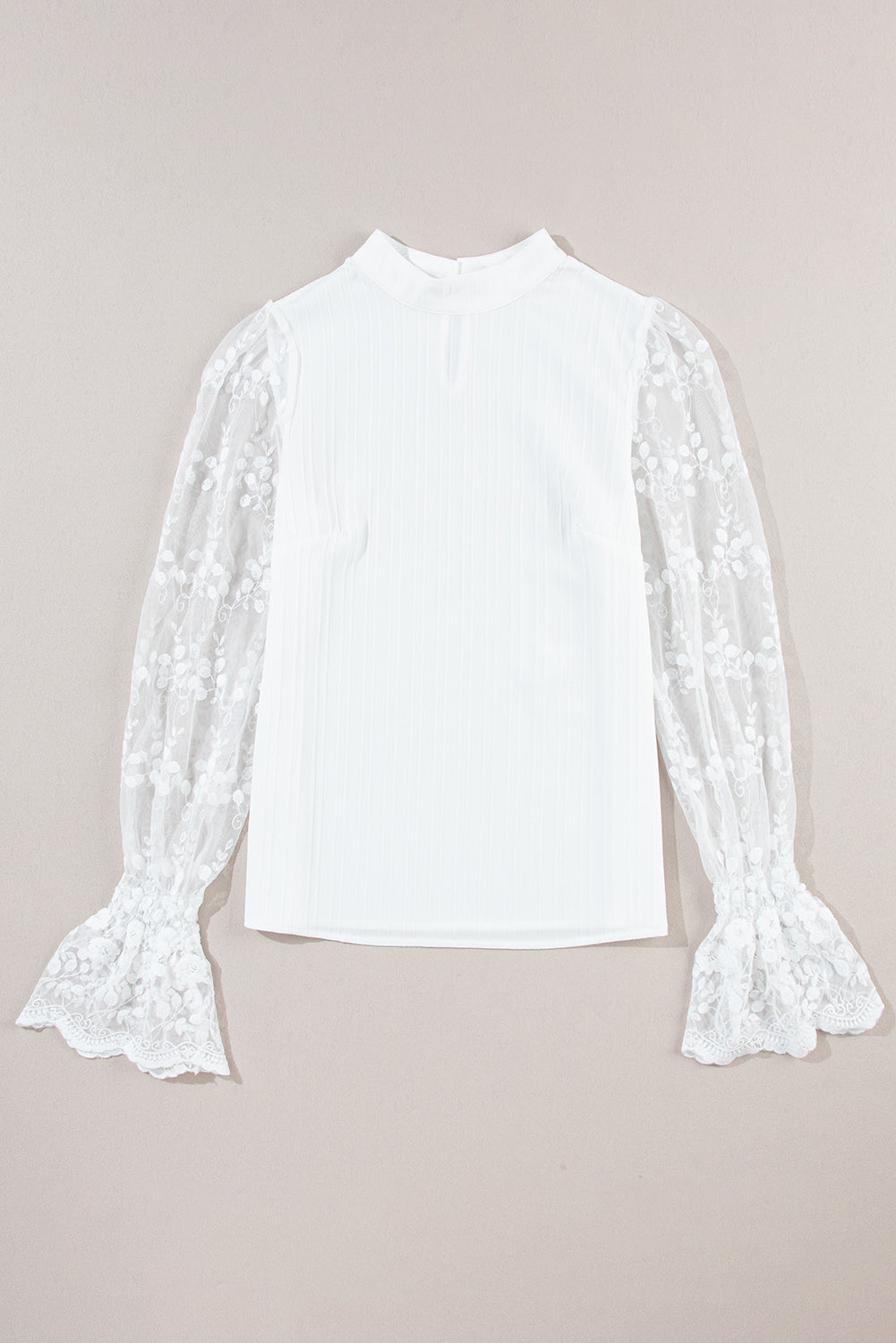 Contrast Lace Sleeve Mock Neck Textured Blouse | White