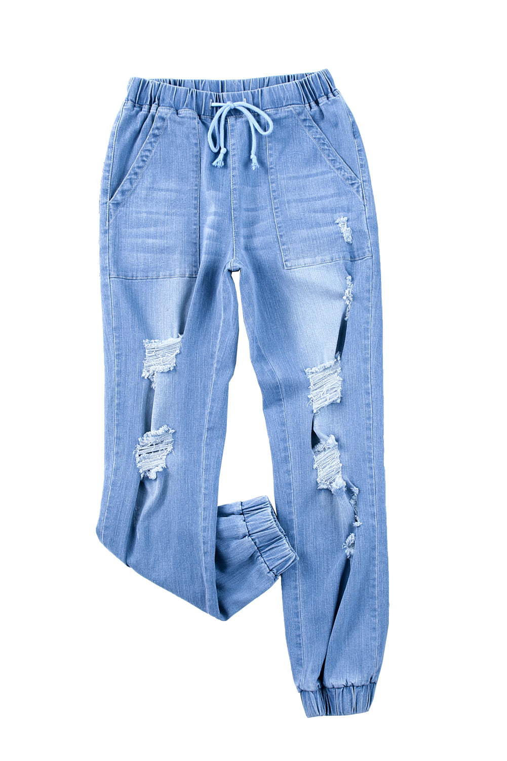 Pocketed Distressed Denim Joggers | Sky Blue