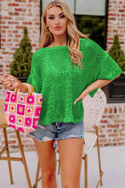 Pointelle Knit Scallop Edge Short Sleeve Top | Green