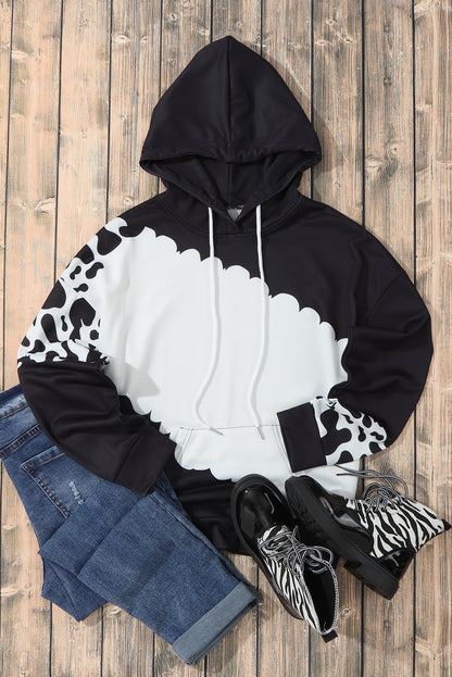 Cow Tie Dye Print Pocketed Drawstring Pullover Hoodie | Black