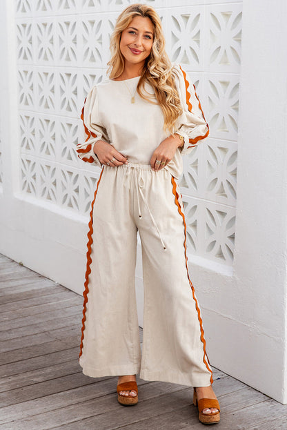 Colourblock Ric Rac Trim Sleeve Top And Wide Leg Pants Set | White