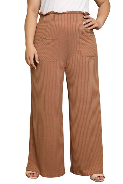 Ribbed Patch Pocket Frill Waist Wide Leg Plus Pants | Brown