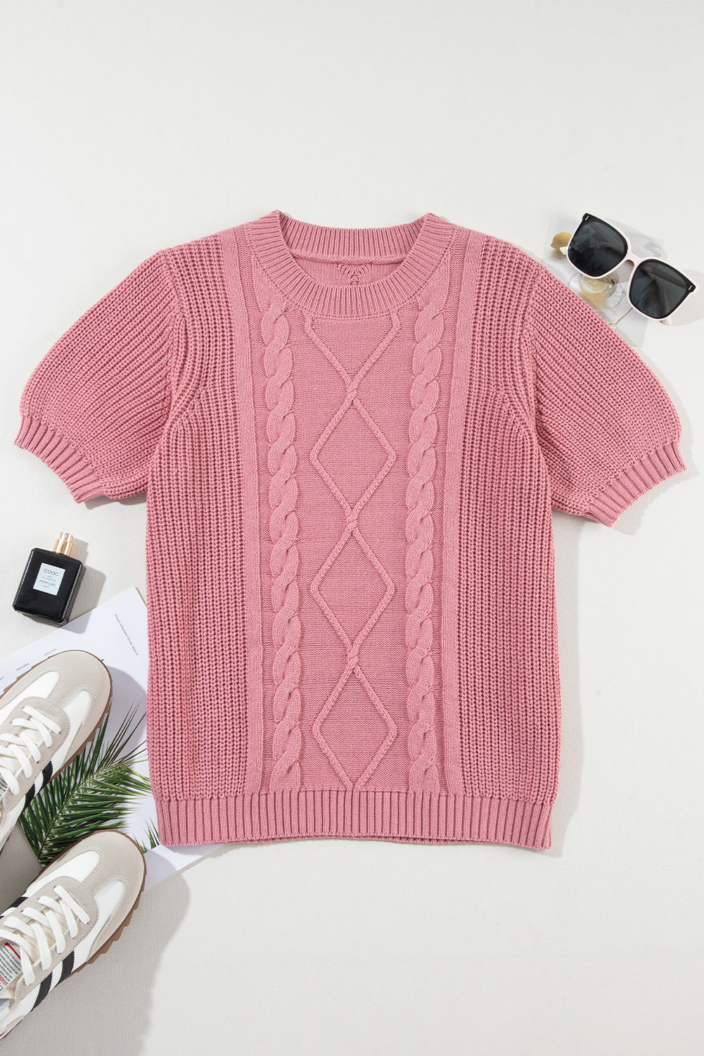 Cable Knit Mixed Textured Short Sleeve Sweater | Pink