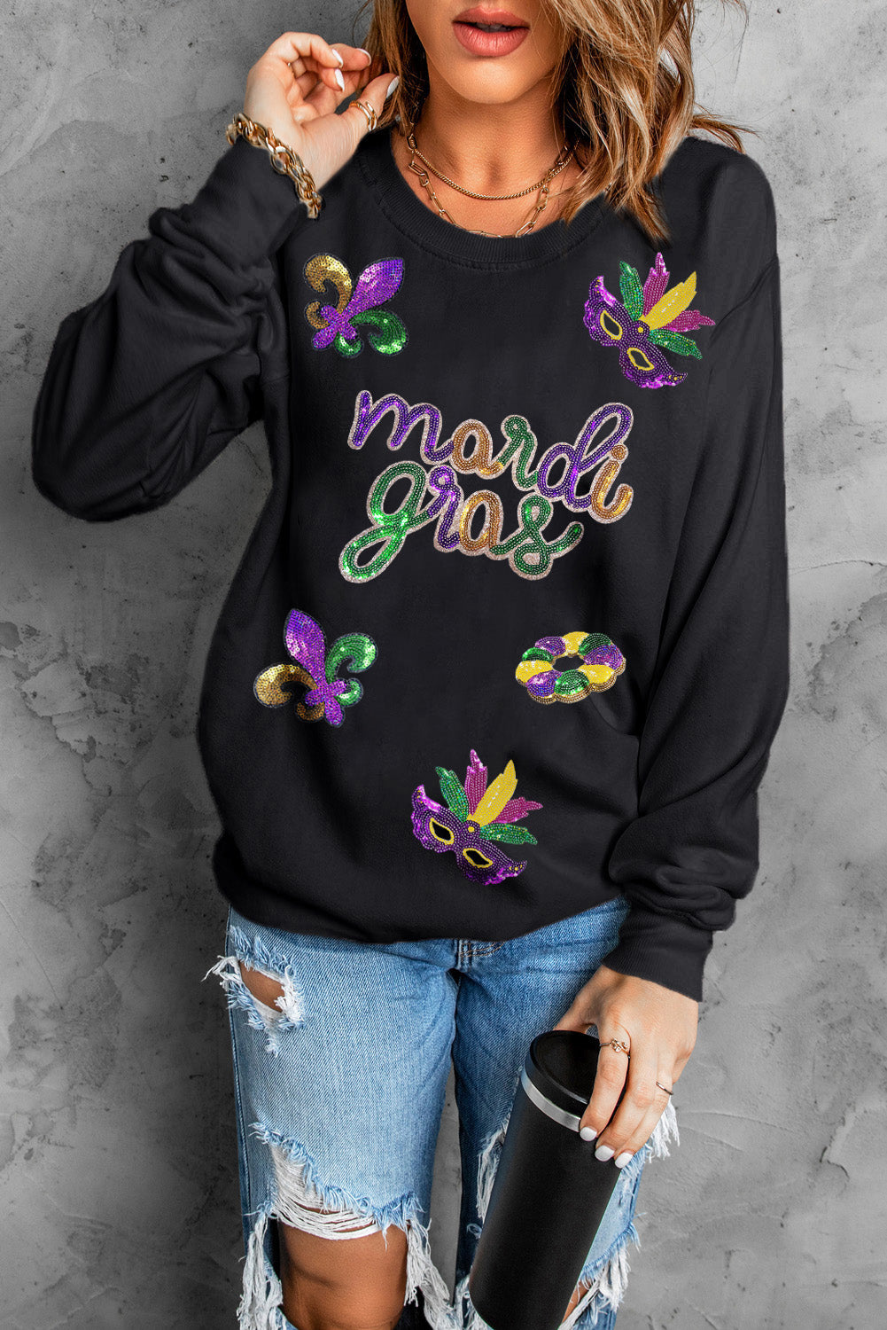 Sequin Mardi Gras Fleur De Lis Graphic Pullover Sweatshirt | Black