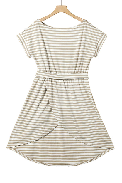 Stripe Short Sleeve Belted Wrapped Hemline T-Shirt Dress | Khaki