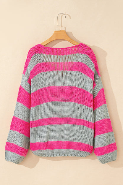 Striped Colourblock Knit V Neck Loose Fit Sweater | Rose