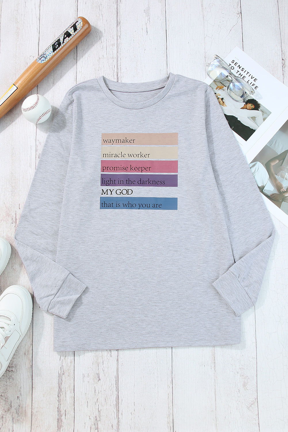 May God Positive Words Print Long Sleeve Top | Gray