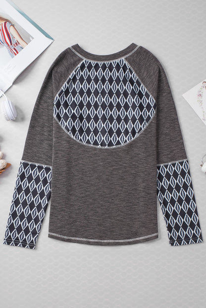 Aztec Patchwork Ribbed Long Sleeve Top | Gray