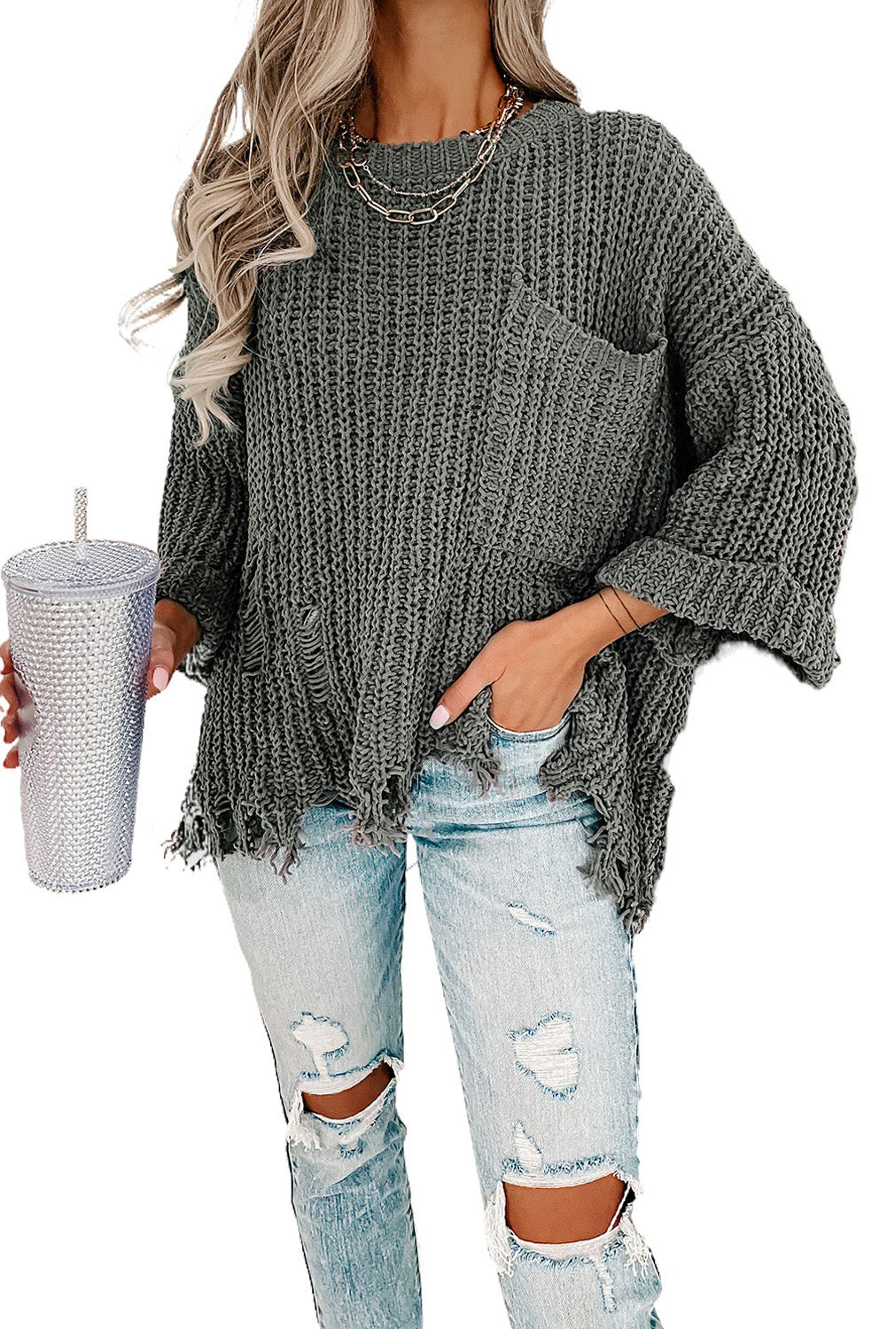 Ripped Raw Hem Chunky Pullover Sweater | Gray