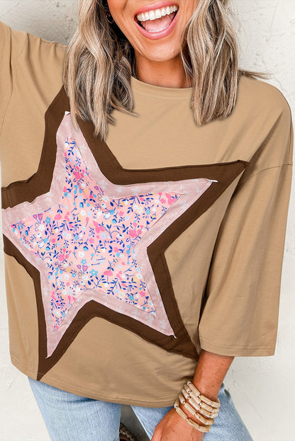 Floral Star Patchwork 3/4 Long Sleeve Top | Camel