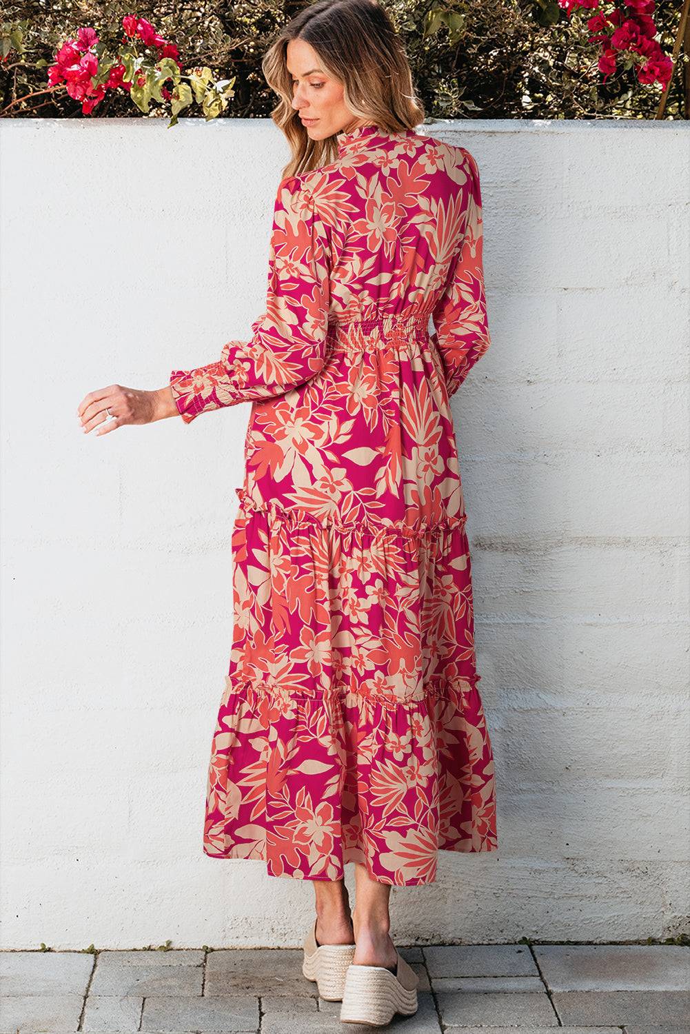 Floral Print Buttoned Smocked High Waist Maxi Dress | Rose