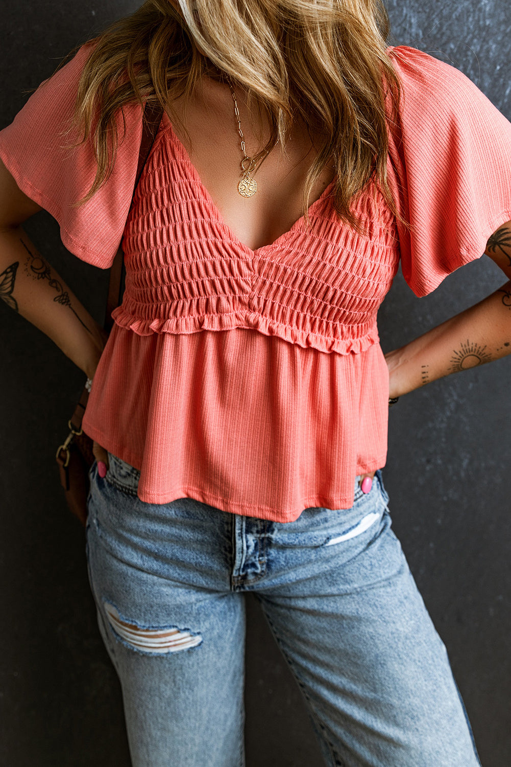 Shirred V Neck Short Flutter Sleeve Textured Blouse | Tomato Red