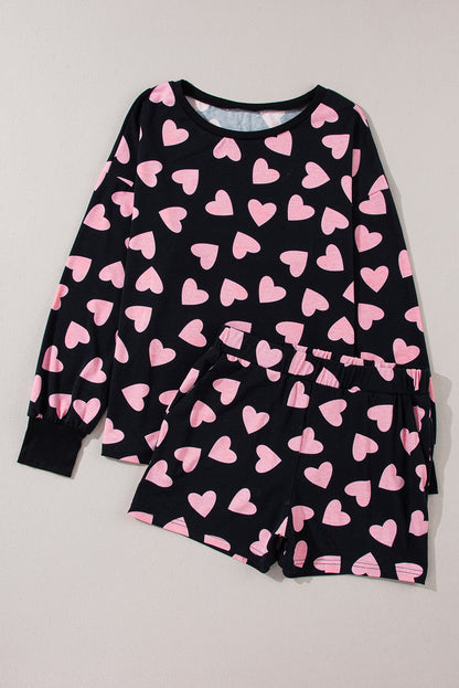 Valentine Heart Shape Print Long Sleeve Top Shorts Lounge Set | Black