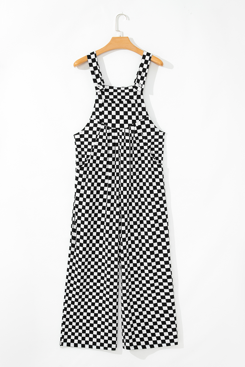 Checkered Print Pocketed Wide Leg Jumpsuit | Black