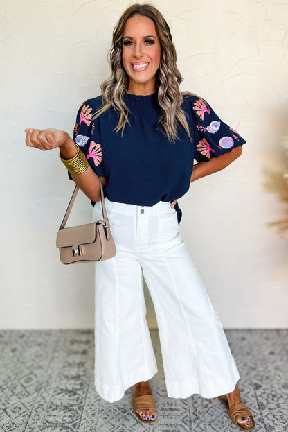 Shellfish Coral Embroidery Puff Sleeve Frilled Neck Blouse | Sail Blue