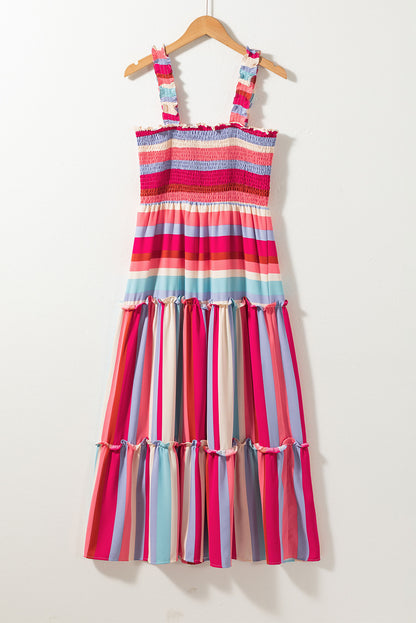 Ruffled Straps Smocked Tiered Long Dress | Red Stripe