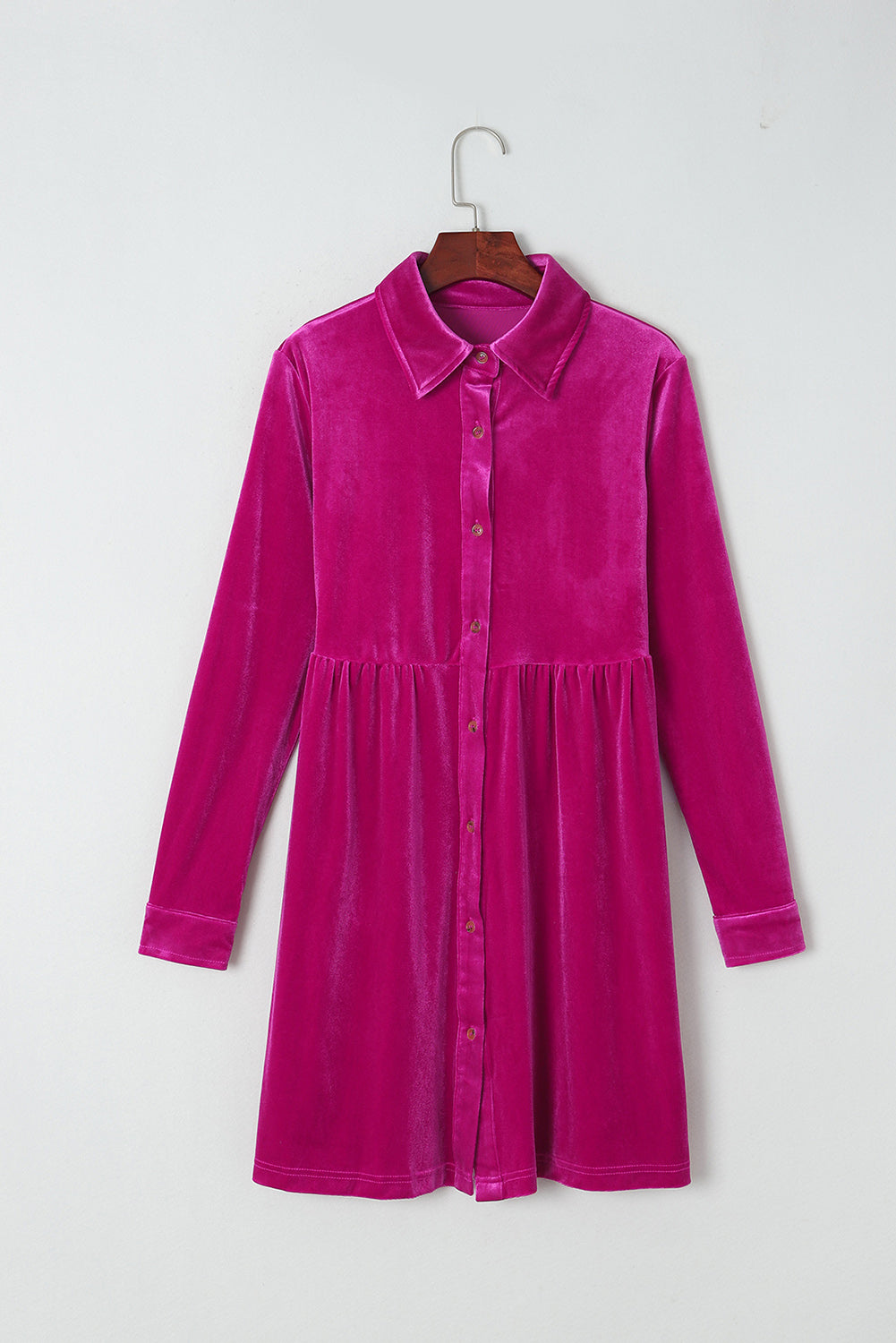 Long Sleeve Ruffle Velvet Button Up Dress | Rose