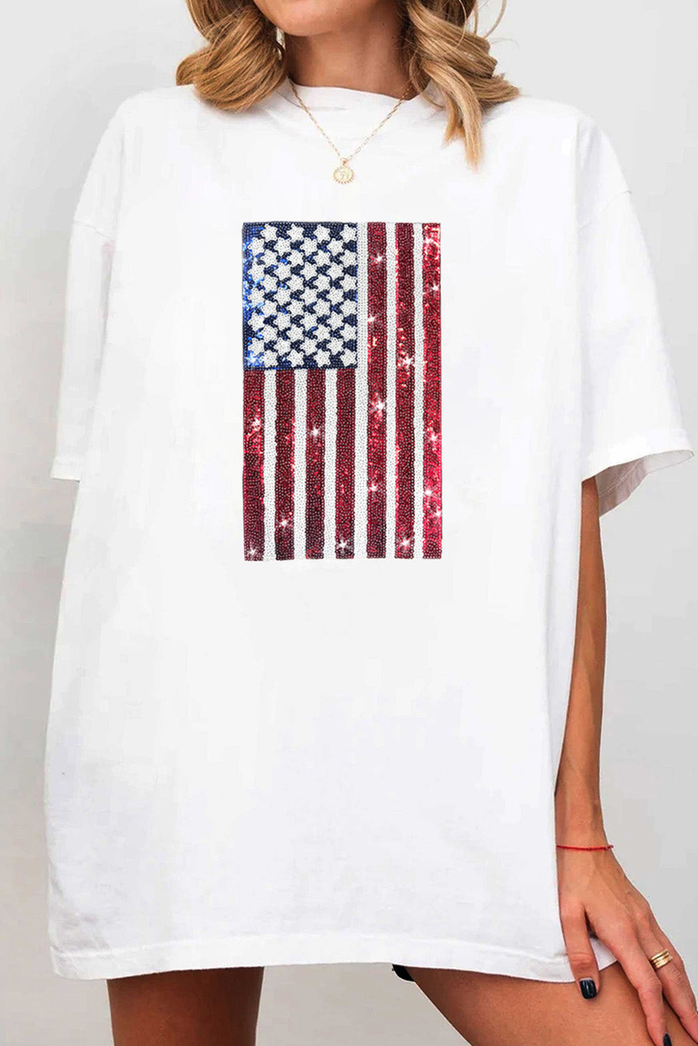 Sequined American Flag Crewneck Oversized Tee | White