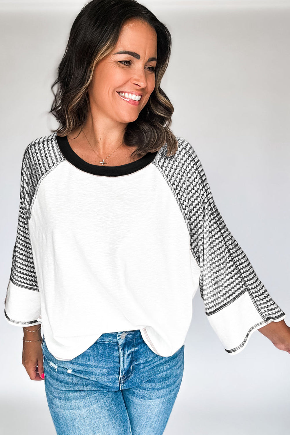 Striped Bracelet Sleeve Raglan Patchwork Top | Black