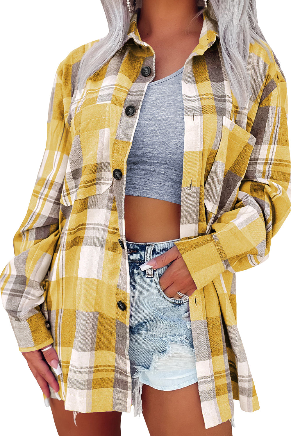 Plaid Button Up Patch Pocket Shirt | Yellow