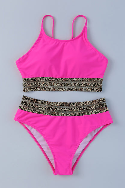 Leopard Mesh Trim 2 Piece Bikini Swimsuit | Rose