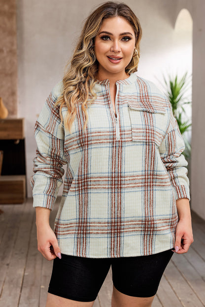 Plus Size Plaid Half-Zipper Sweatshirt With Chest Pocket | Beige