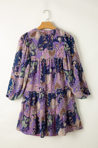 Vintage Daisy Floral Puff Sleeve Ruffle Short Dress | Purple