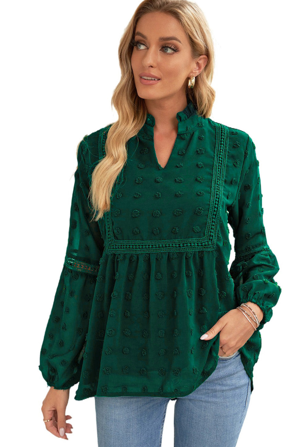 Ruffled Split Neck Lace Hollow Out Puff Sleeve Polka Dot Blouse | Green