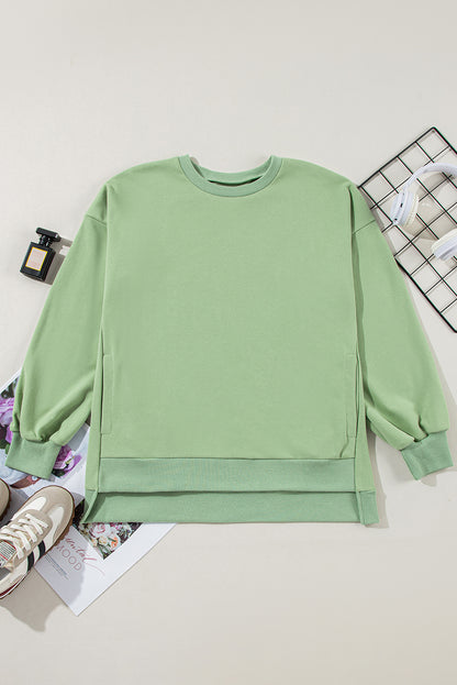 Solid Fleece Lined Drop Shoulder High Low Sweatshirt | Grass Green