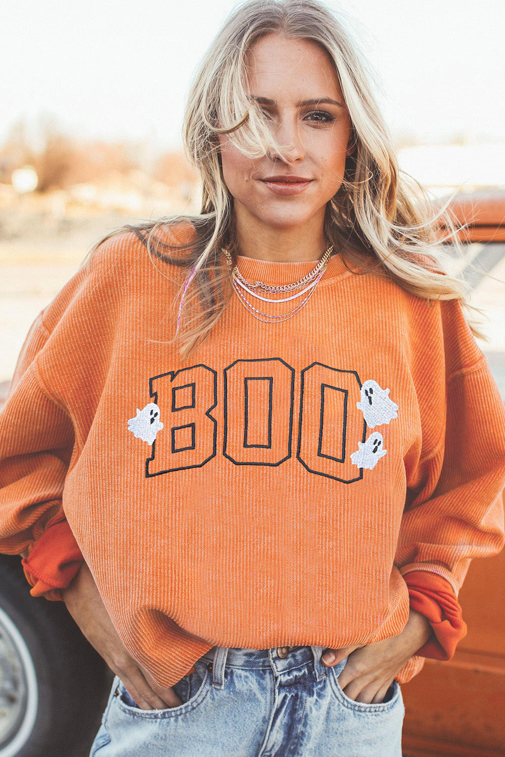 Embroidered Boo Ghost Corded Halloween Sweatshirt | Orange