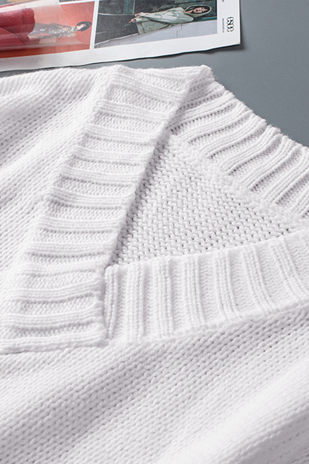 V Neck Drop Shoulder Knitted Sweater | White