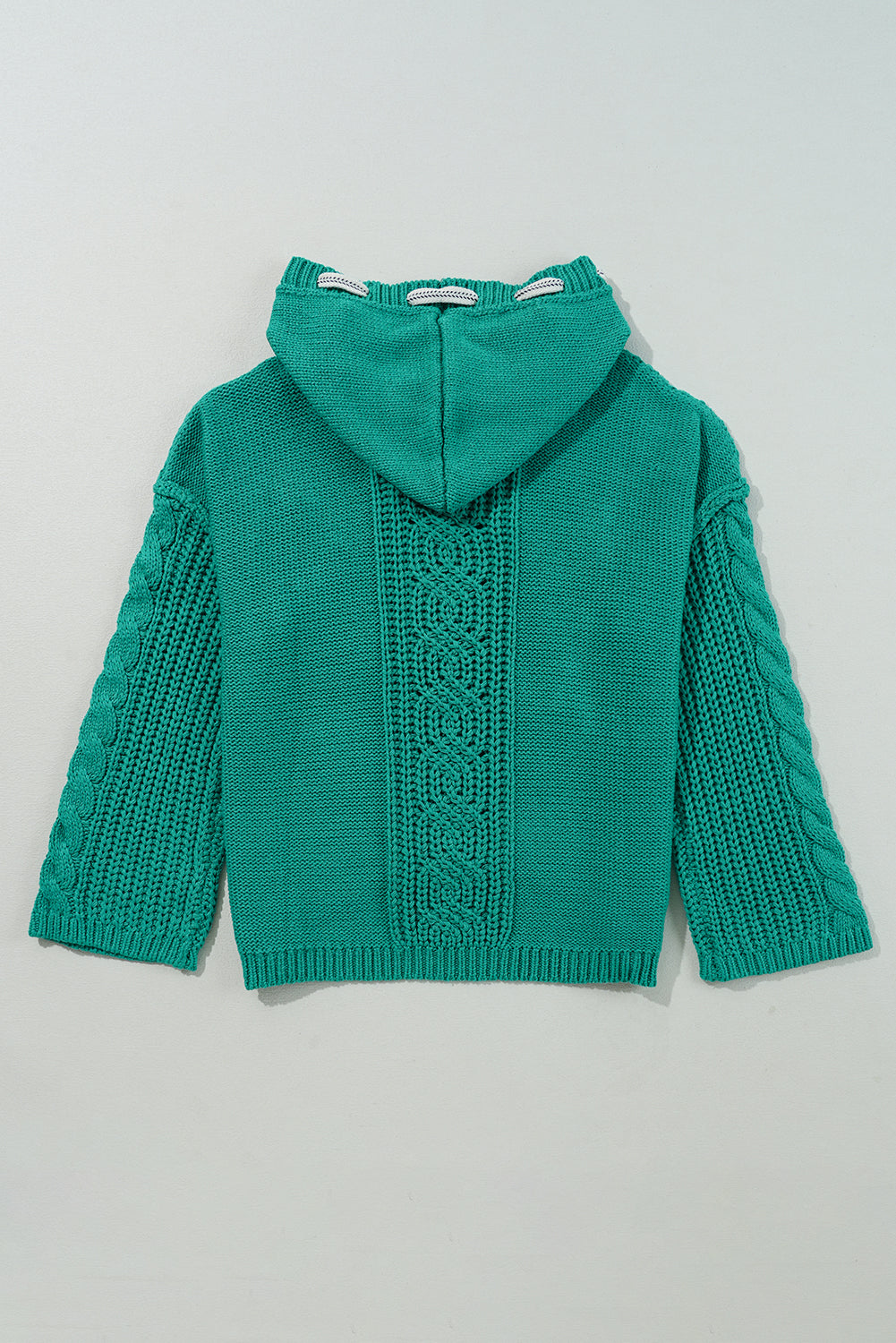 Cable Knit V Neck Contrast Drawstring Hooded Sweater | Sea Green