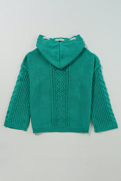 Cable Knit V Neck Contrast Drawstring Hooded Sweater | Sea Green