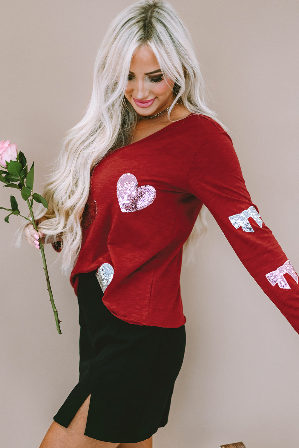 Sequined Heart Shape Bow Graphic V Neck Top | Red Sandalwood