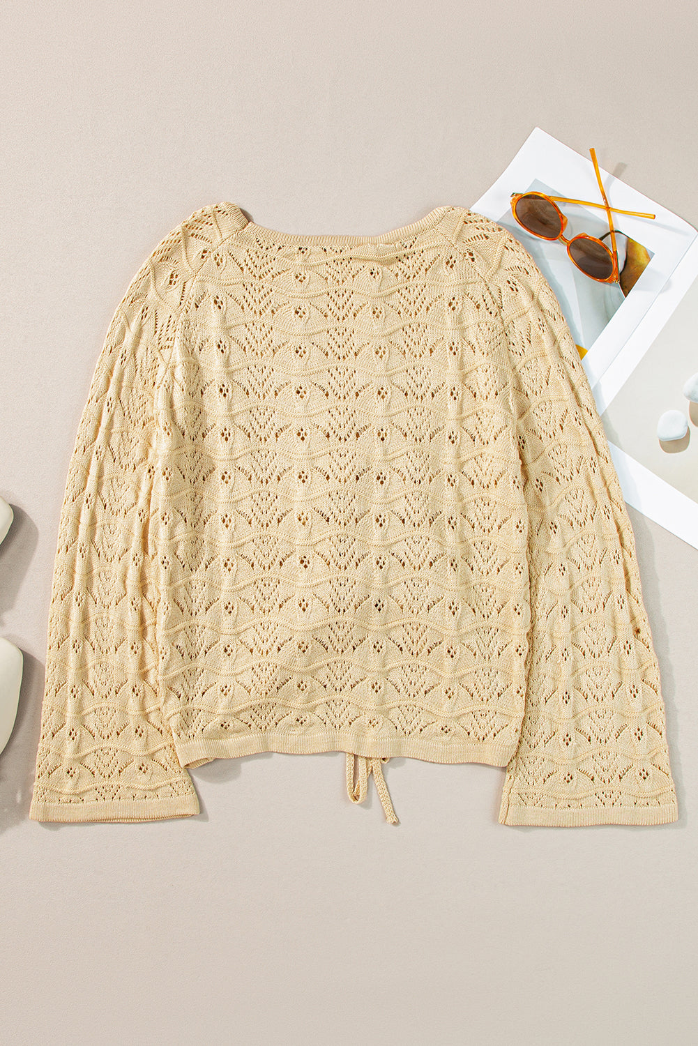 Hollowed Knit Asymmetric Drawstring Sweater | Khaki