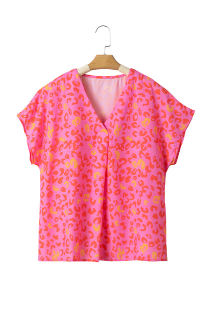 Leopard V Neck Short Sleeve Blouse | Pink